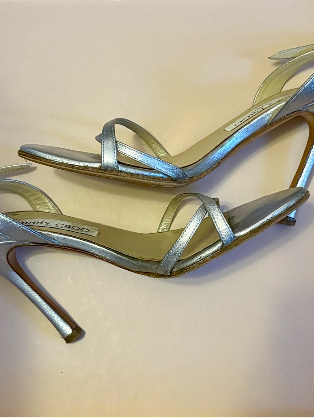 Jimmy Choo Metallic Silver Strappy Stiletto Heels Made in Italy